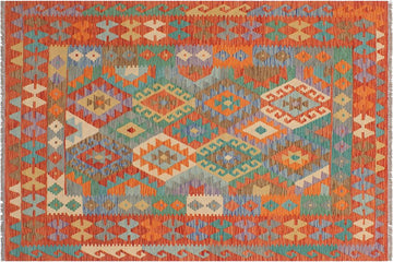 Flat Weave Kilim, Antique, Navaho, Vintage, Handmade, Geometric Kilim Blue Rust Hand-Woven Rectangle 100% Wool Area Rug 5 x 7